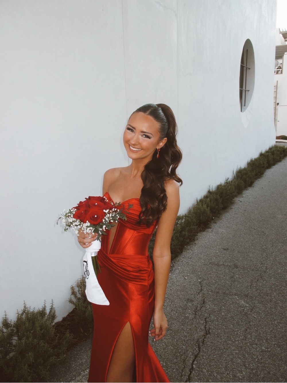 Sherri Hill Red Strapless Satin Prom Gown with High Slit